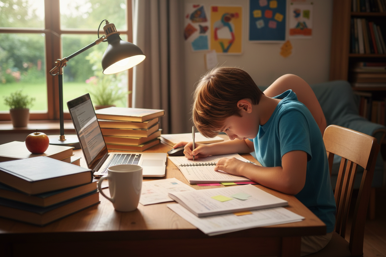 Kid suffering from bad posture while sitting o the table and studying